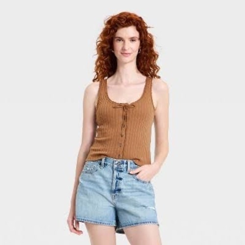 Universal Thread Brown Ribbed Lace Trim Tie Front Button Tank Top XS NWT